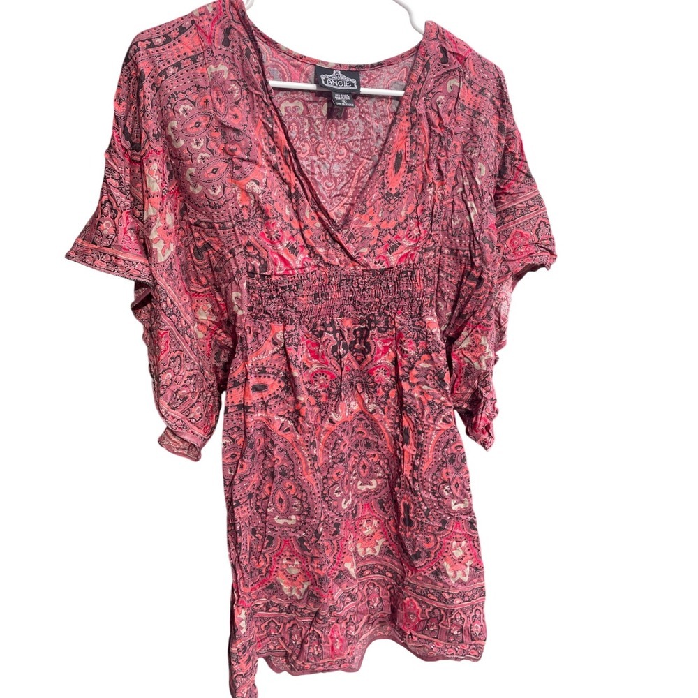Angie Pink Paisley Rayon Smocked Waist Kaftan Tunic Top Boho Bohemian Small‎